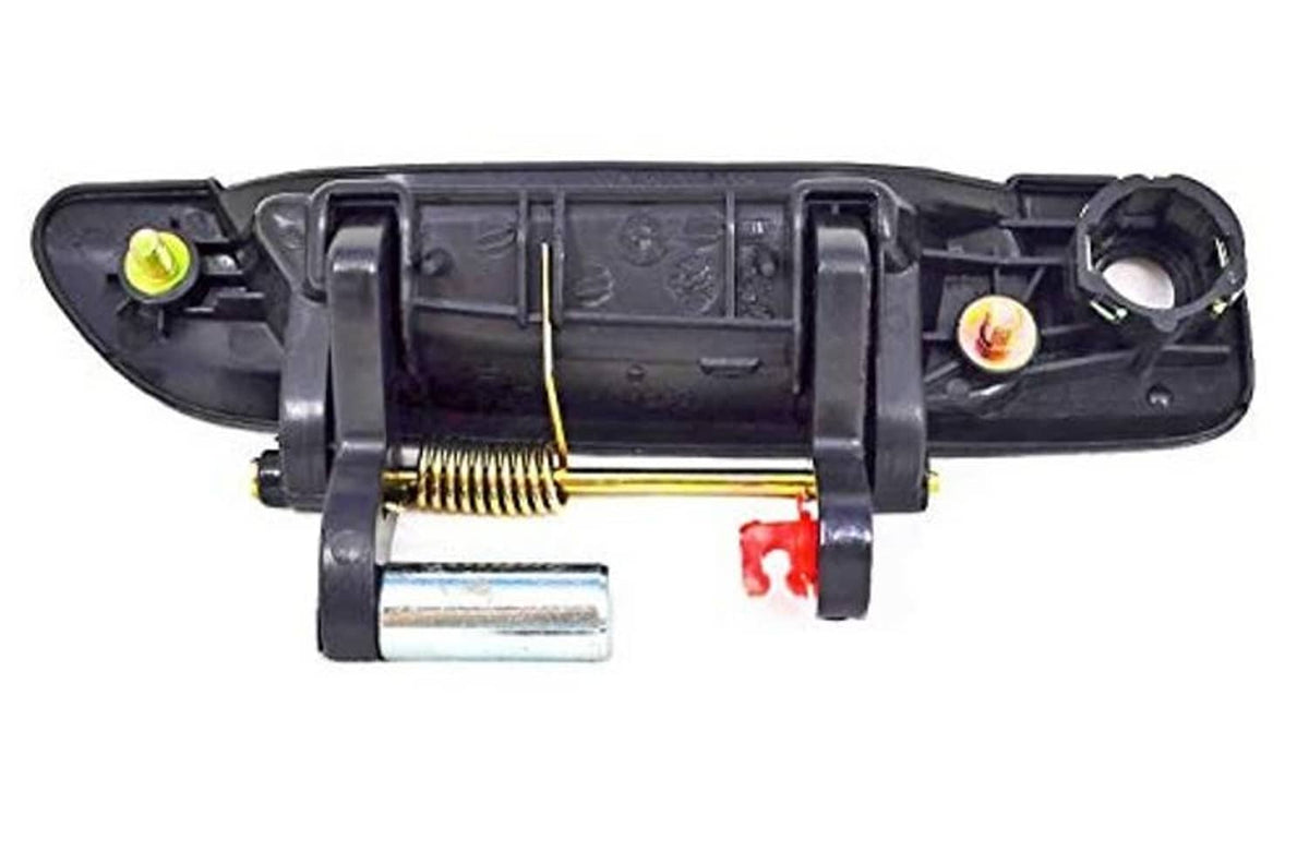 Black exterior door handle housing with spring, metal rod, and mounting screws visible