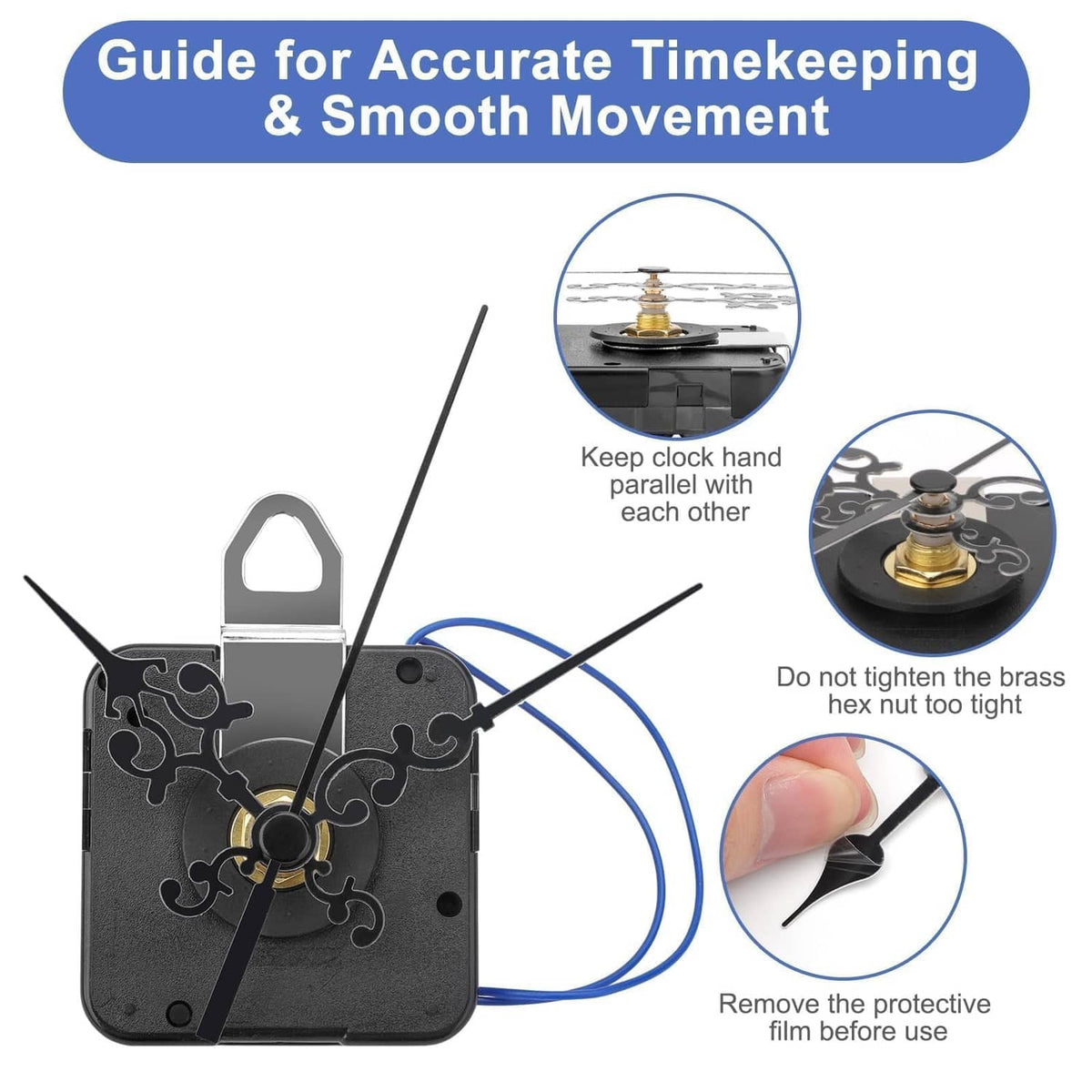Black chime clock movement mechanism with clock hands and alignment guide