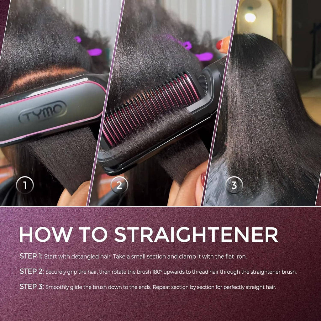 Hair straightener brush gliding through hair with close-up of bristles and plate