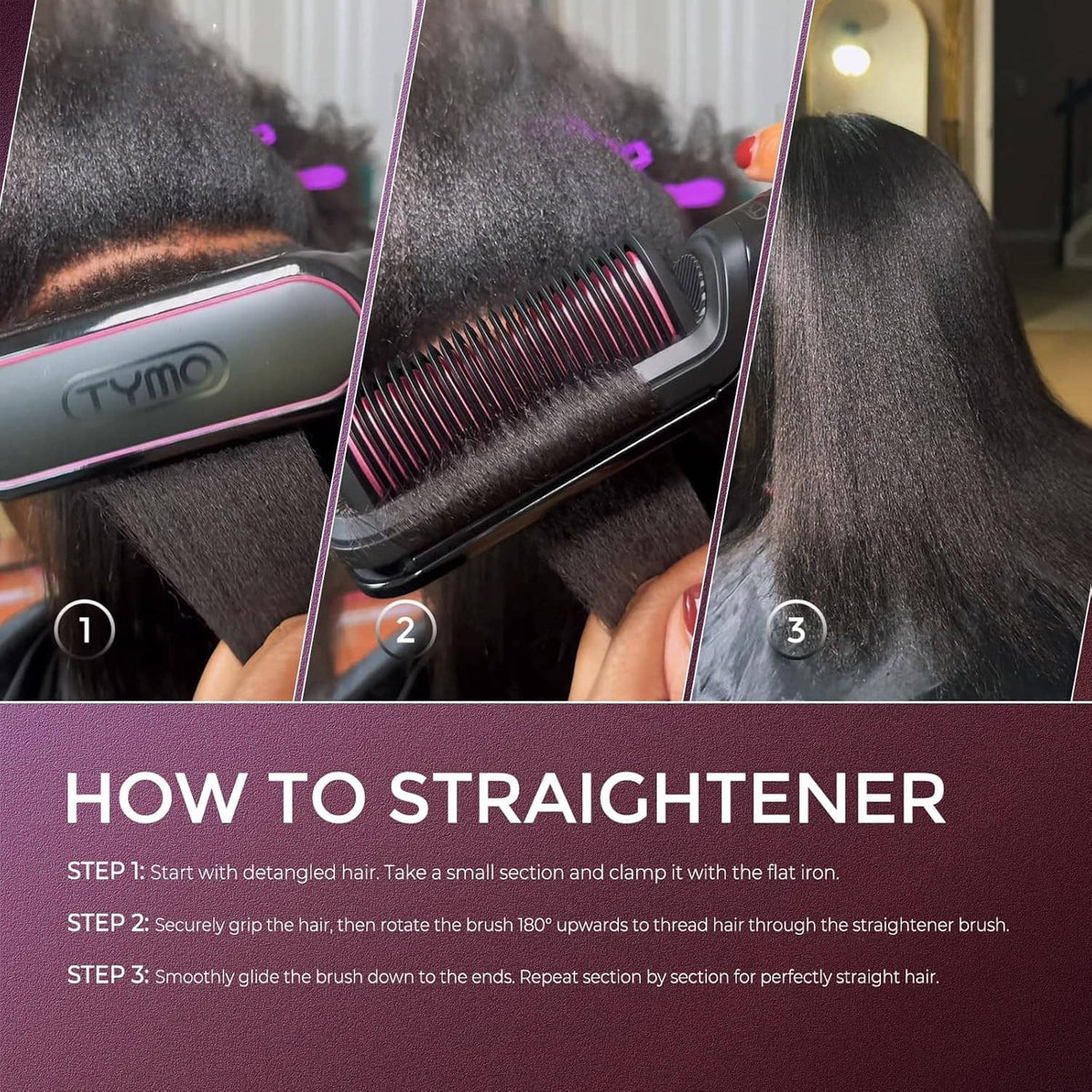 Hair straightener brush gliding through hair with close-up of bristles and plate