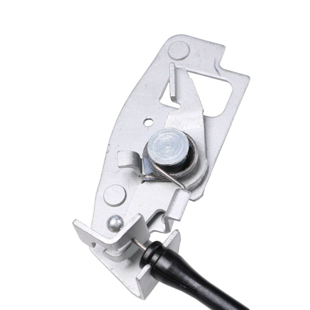 Metal latch mechanism with spring and black cable boot, rear cargo door latch