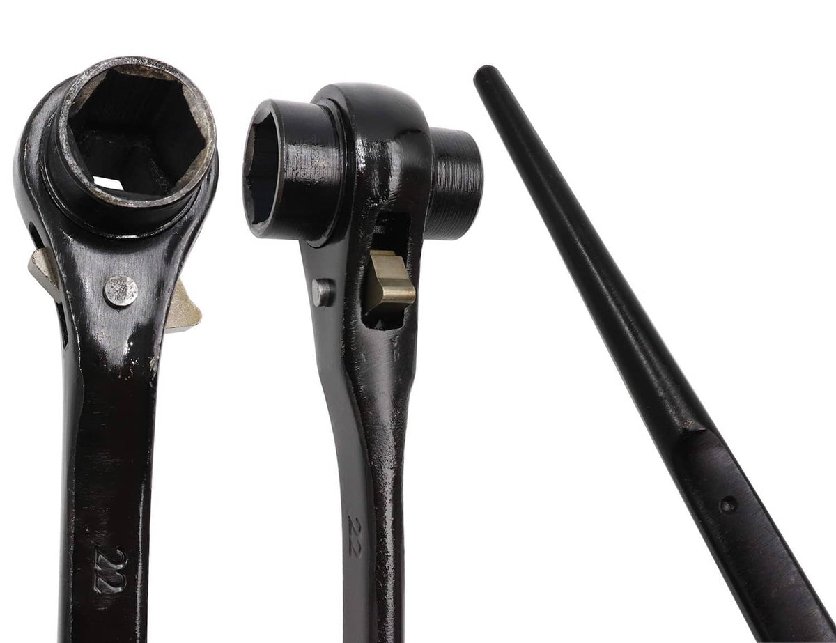Black hex quick ratchet wrench heads with socket ends, pair