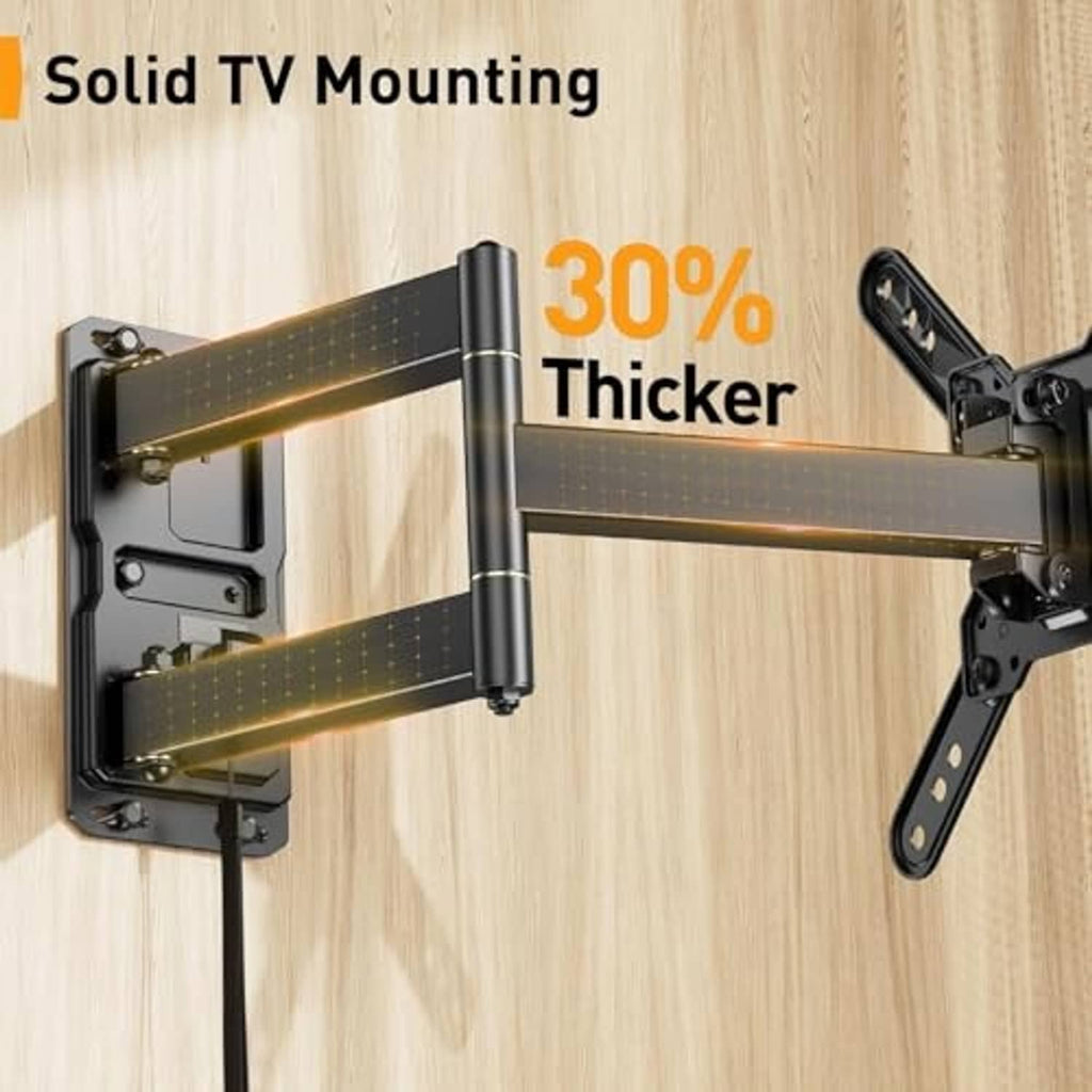 Black full-motion TV mount with thick dual support arms and wall bracket