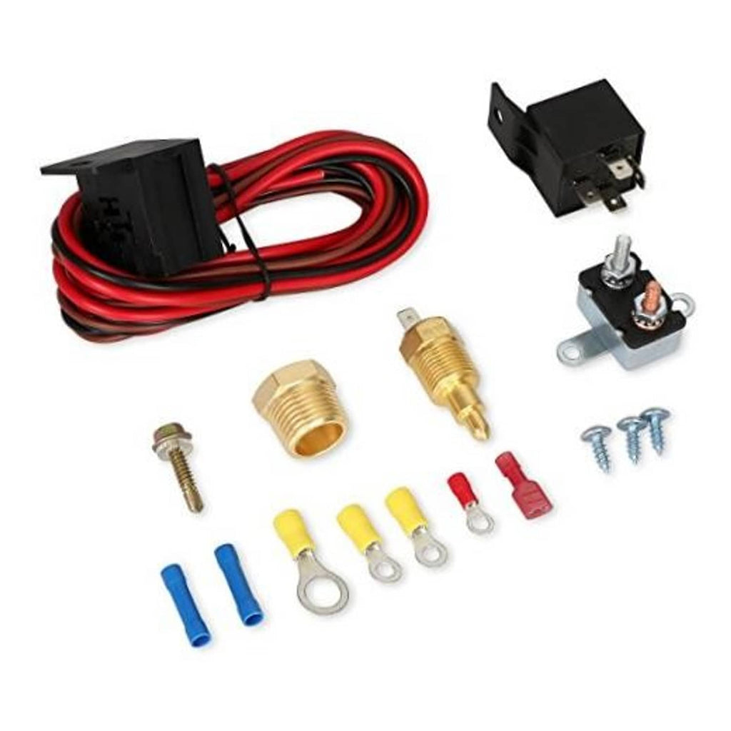 Electric cooling fan thermostat kit with red wire harness, brass sensors, and hardware