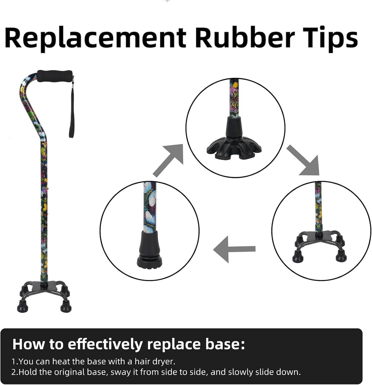 Floral quad cane replacement rubber tips, showing detachable black base pads