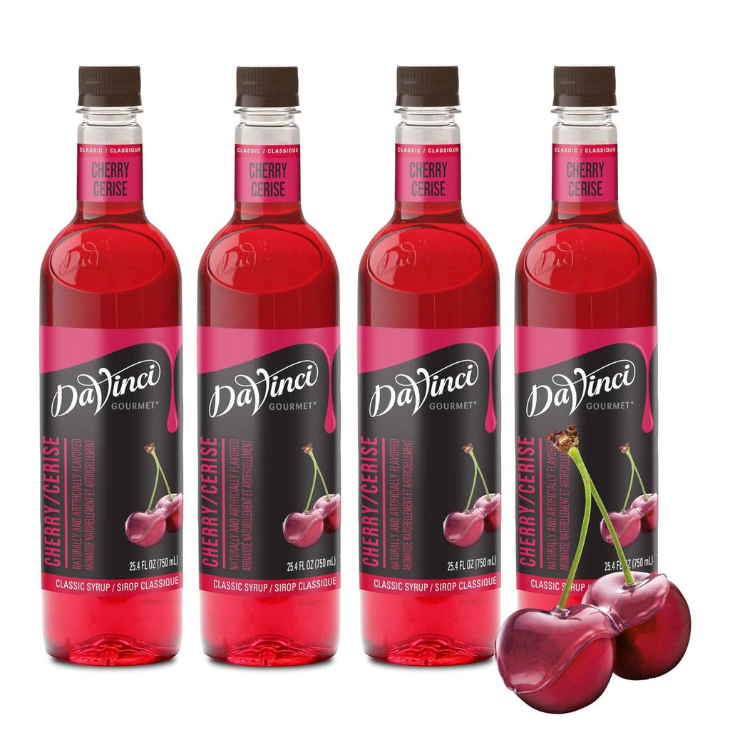 Set of four cherry syrup bottles with red liquid and DaVinci Gourmet labels