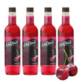 Set of four cherry syrup bottles with red liquid and DaVinci Gourmet labels