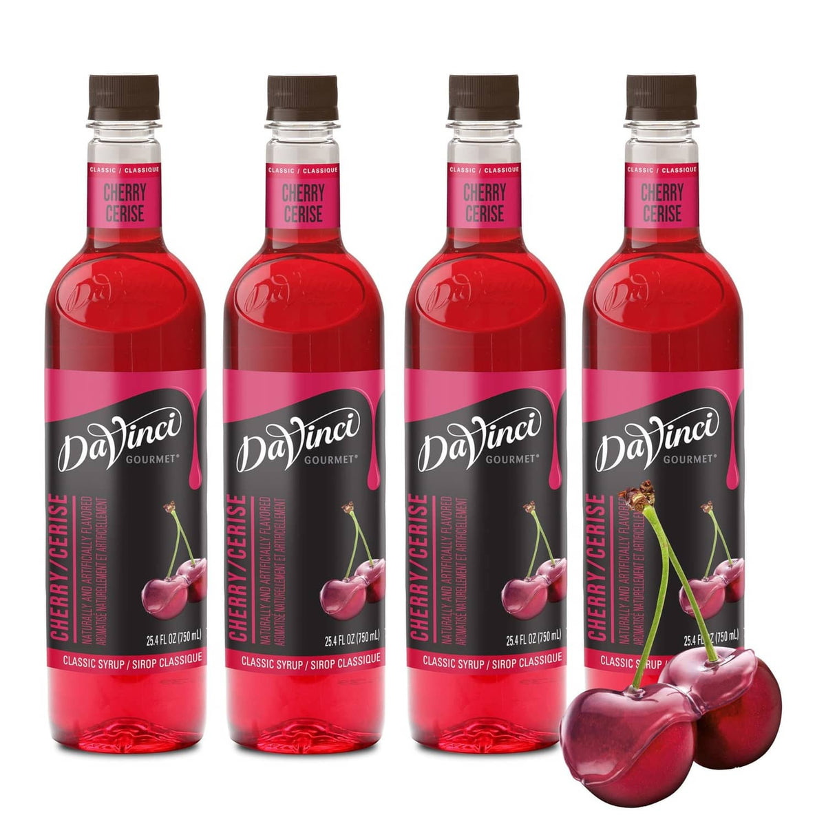 Set of four cherry syrup bottles with red liquid and DaVinci Gourmet labels