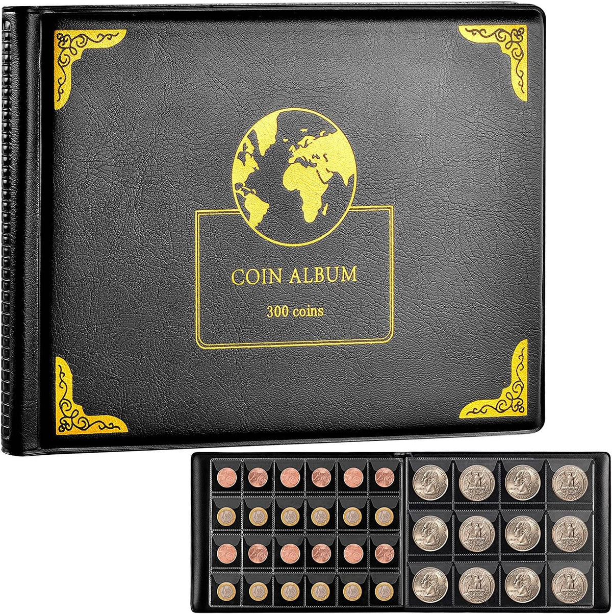 Black coin album with yellow globe logo; 300-coin cover badge and coin pocket layout shown