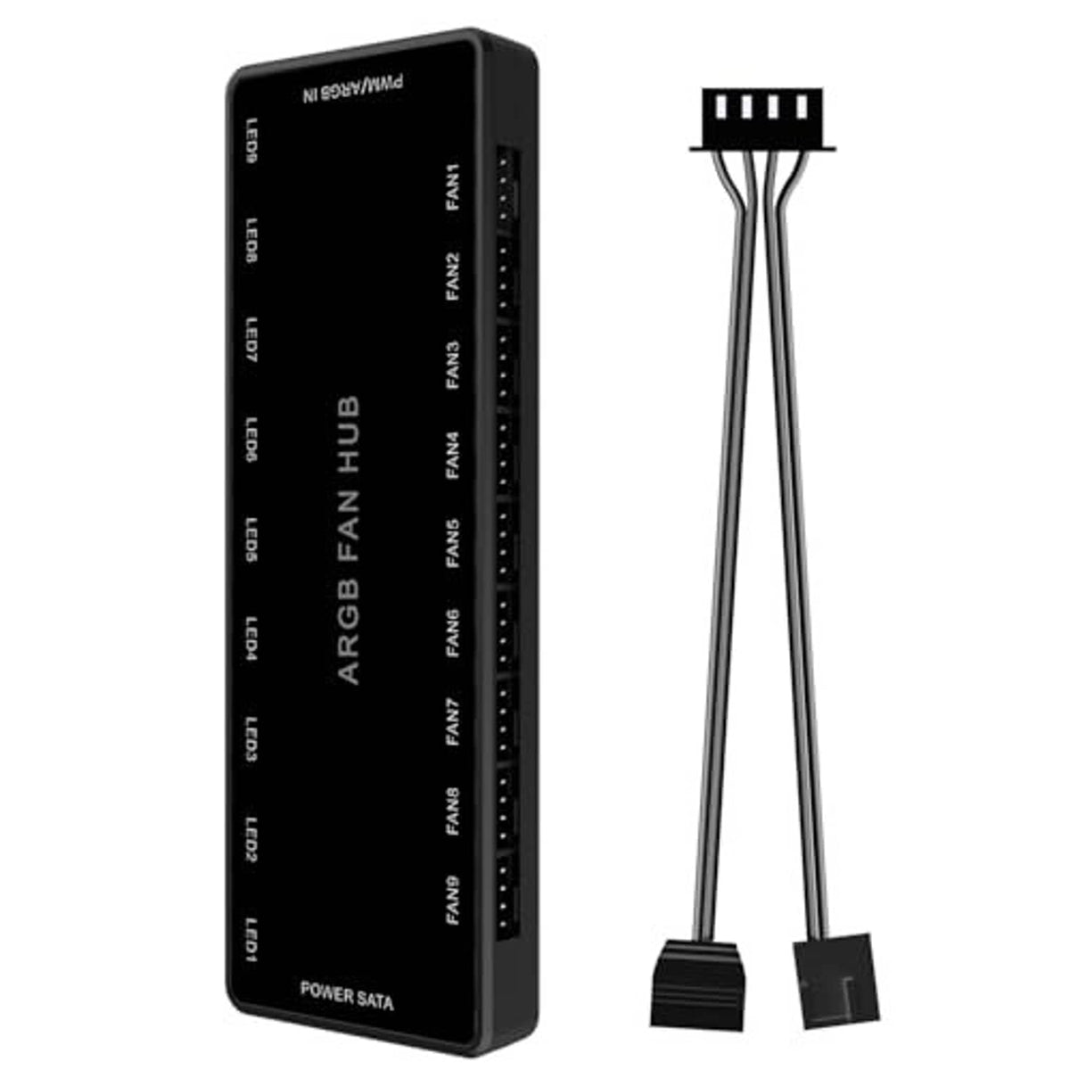 Black 9-port ARGB PWM fan hub with front edge ports and dual connector cables