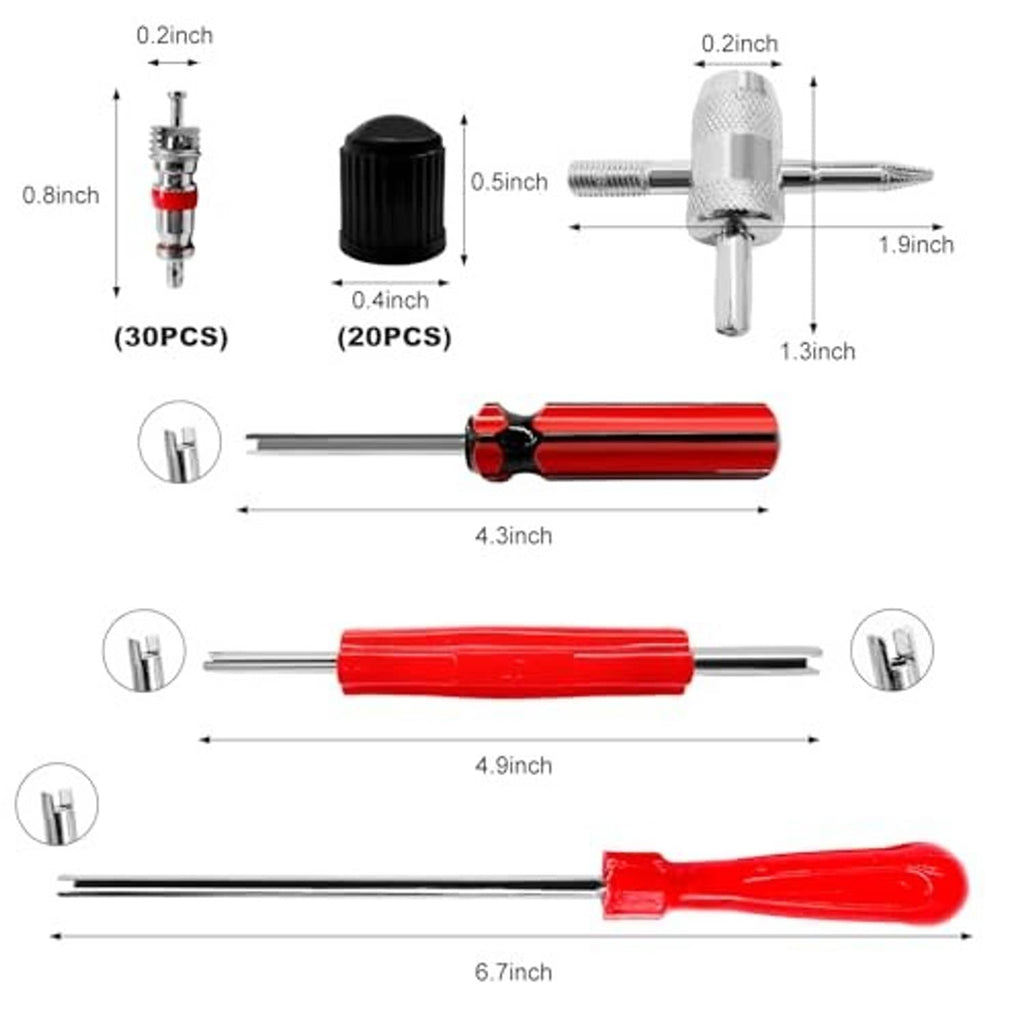 Valve stem removal tools with red handle grips, silver extractor parts, and size diagram