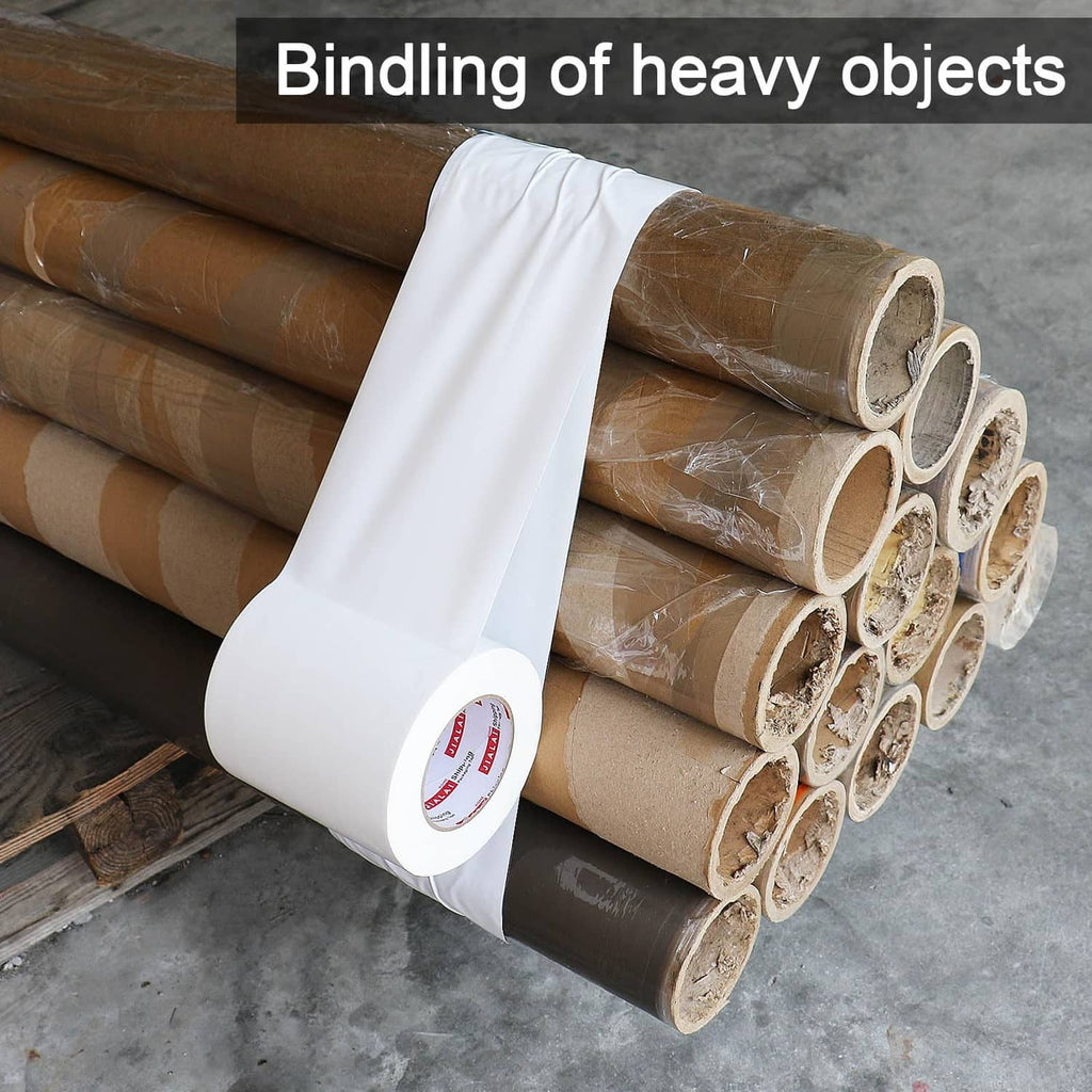 White duct tape used to bind heavy bundled items with a wide wrapped strip.