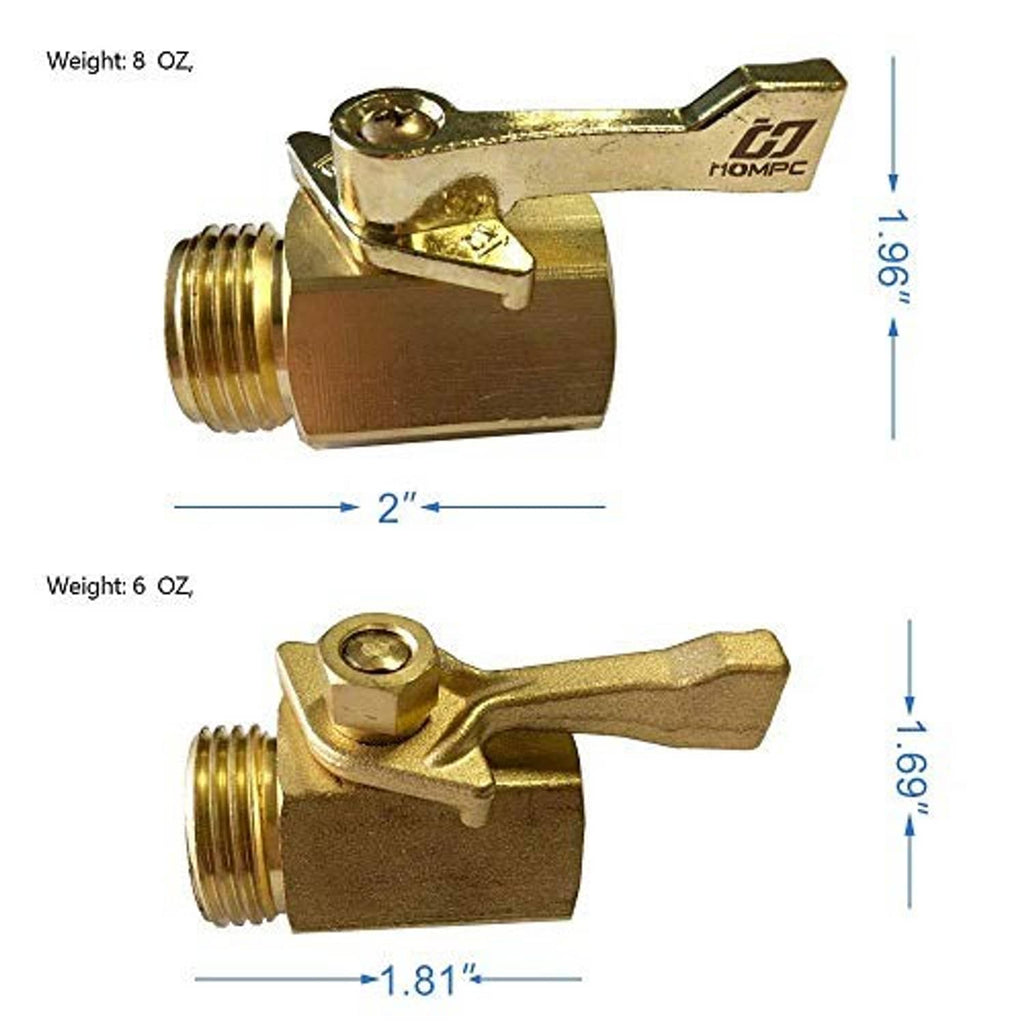 Brass garden hose shut-off valve, side and front views with lever handle and threaded ends