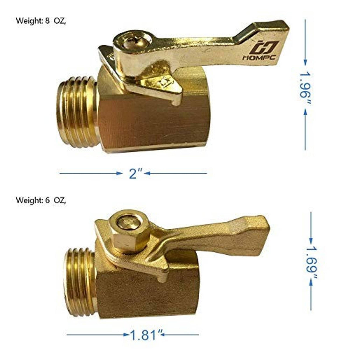 Brass garden hose shut-off valve, side and front views with lever handle and threaded ends