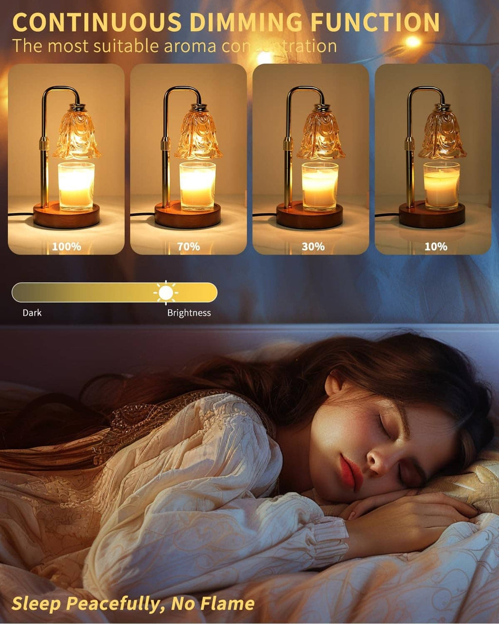 Gold tulip candle warmer lamp with continuous dimming brightness, wood base