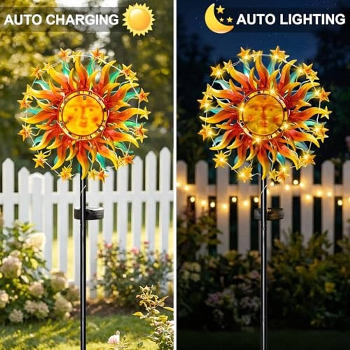 Pair of solar sun wind spinners with colorful rays and warm lights in garden.