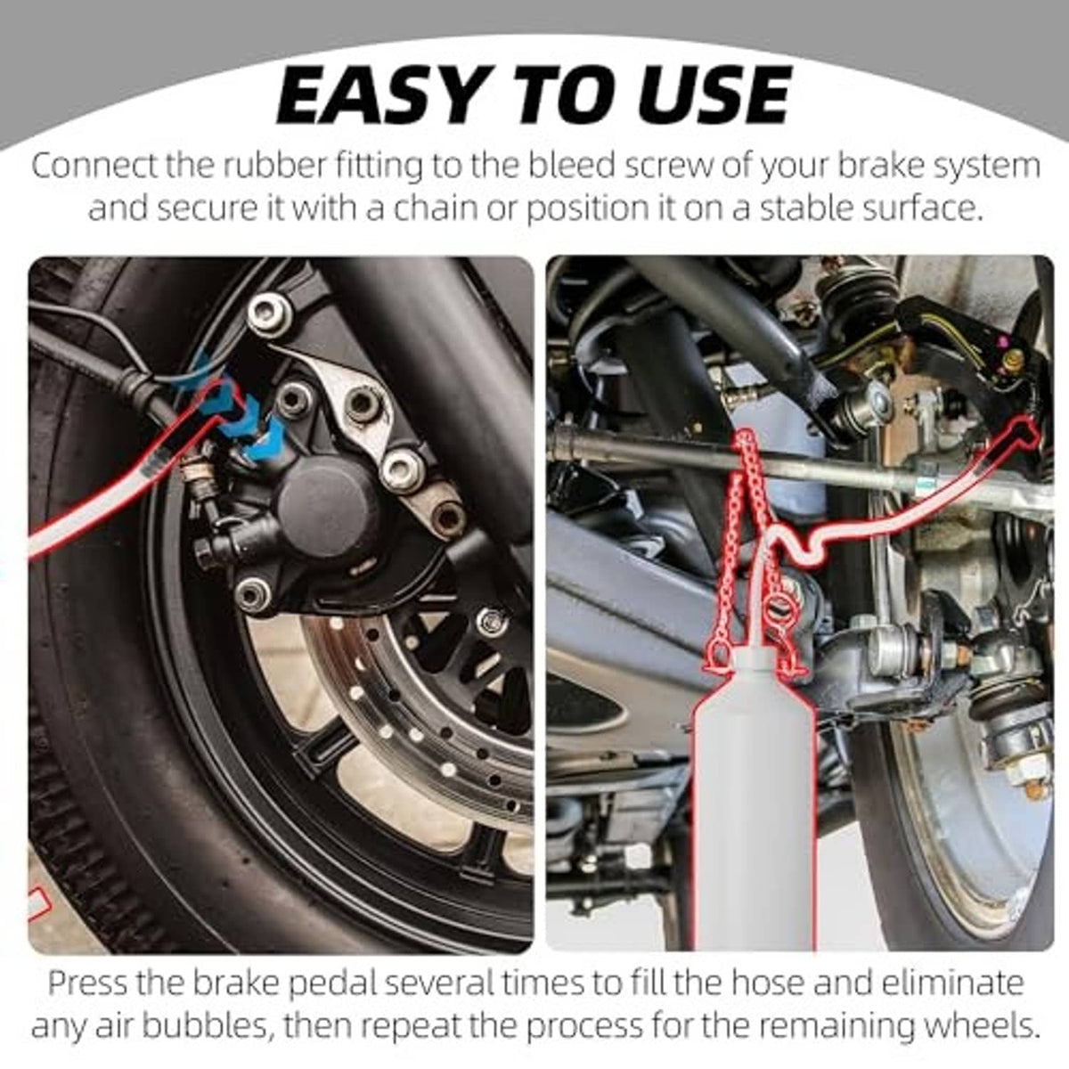 Brake bleeder bottle kit with white fluid canister, clear tubing, chain clip, and dropper