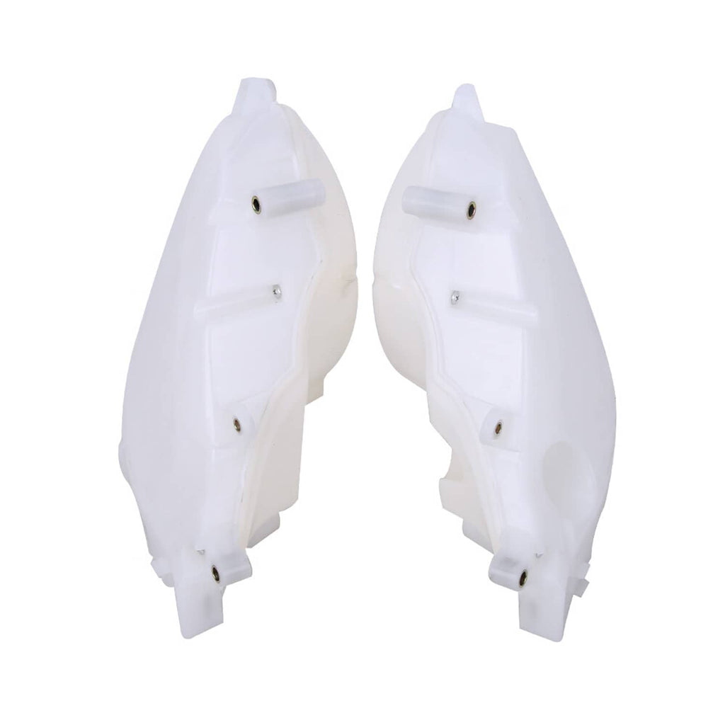 Two white speaker cover side pieces with mounting points and enclosed plastic housing