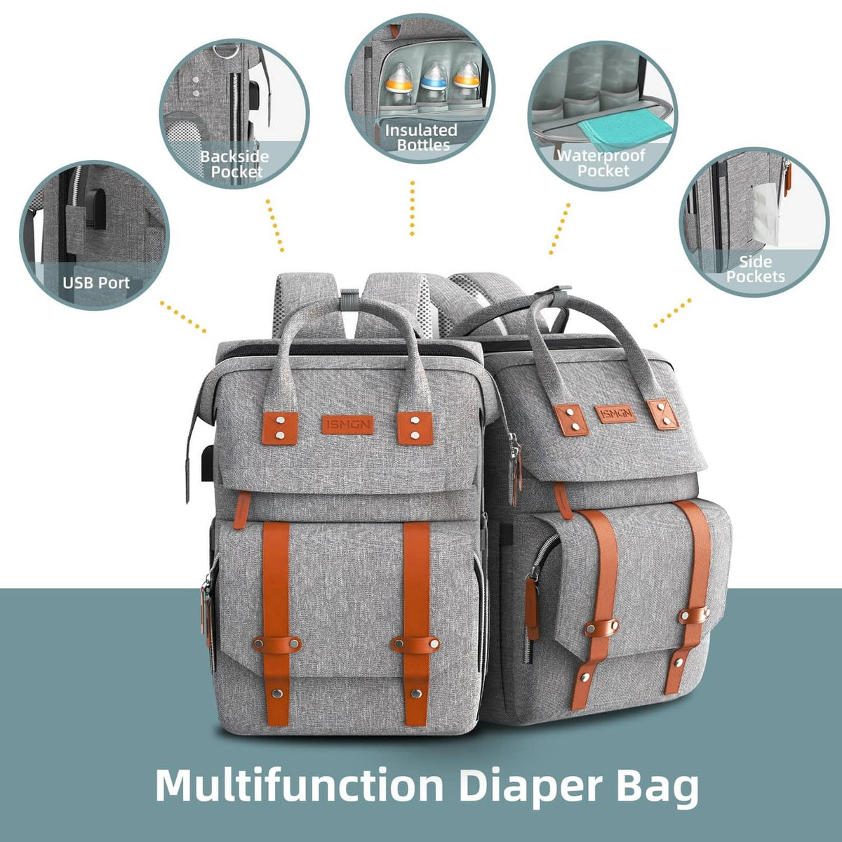 Dark grey diaper bag backpack with side pockets, USB port, and insulated bottle holders