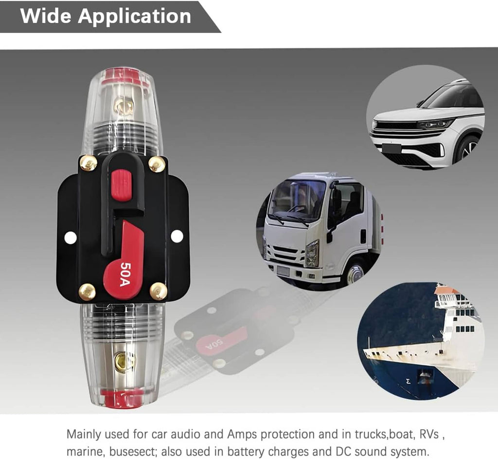 Inline circuit breaker with clear cylinder and black bracket, red 50A button for vehicles