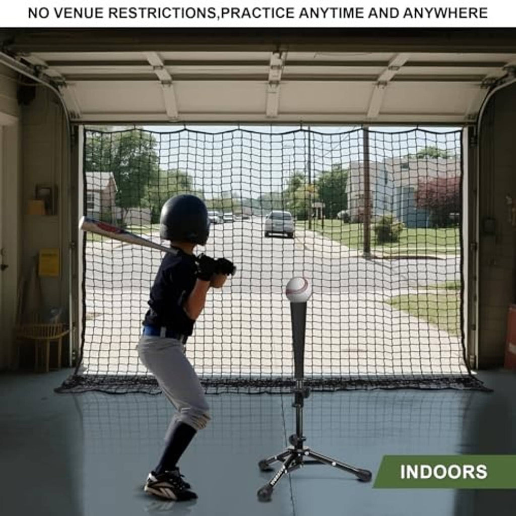 Indoor baseball backstop net with white mesh panel and black binding edges