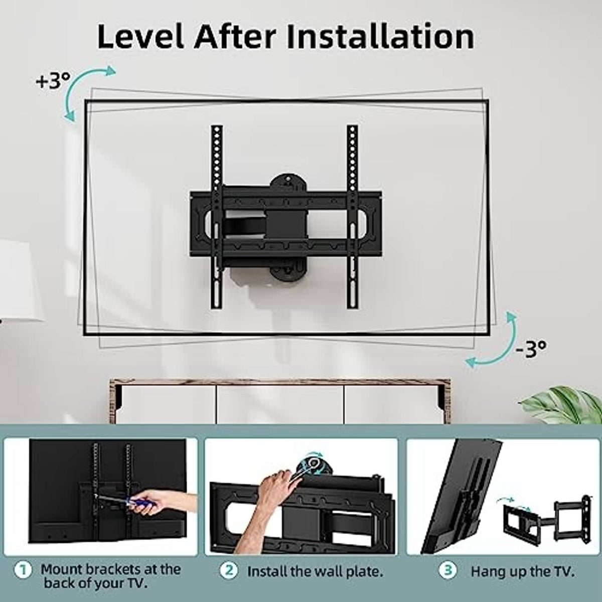 TV wall mount leveling feature with adjustable tilt range after installation