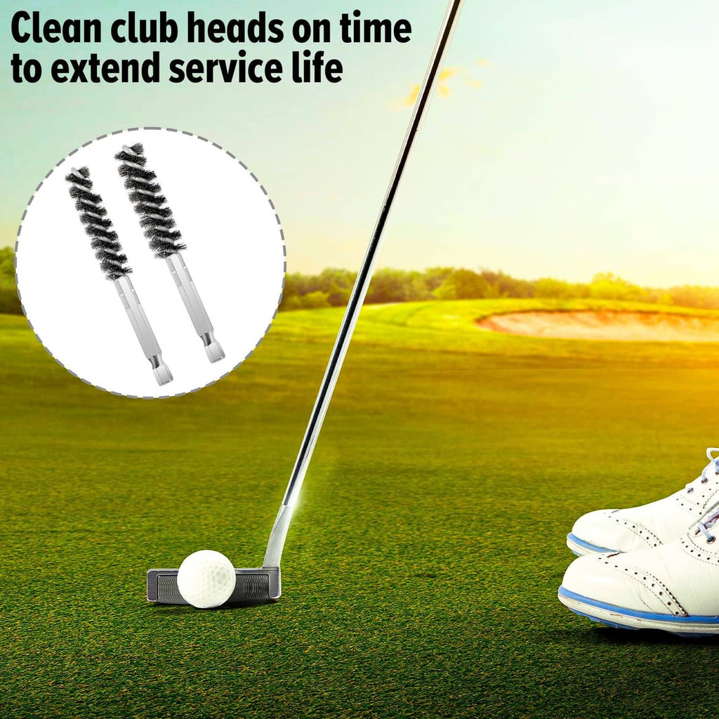 Golf club brush cleaner by golf ball, showing multiple black bristle brush heads