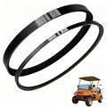 Two black ribbed V-belts with printed text labels