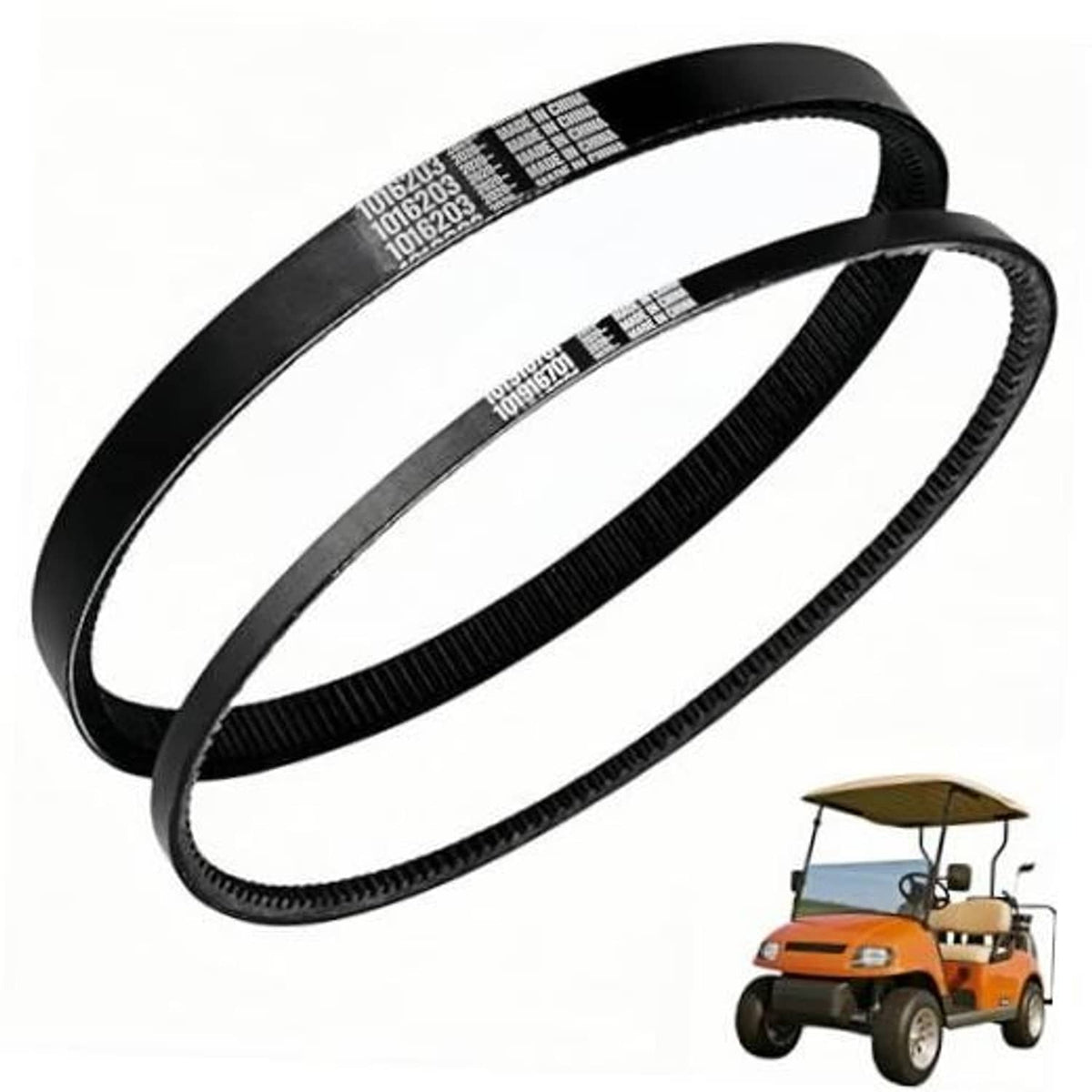 Two black ribbed V-belts with printed text labels