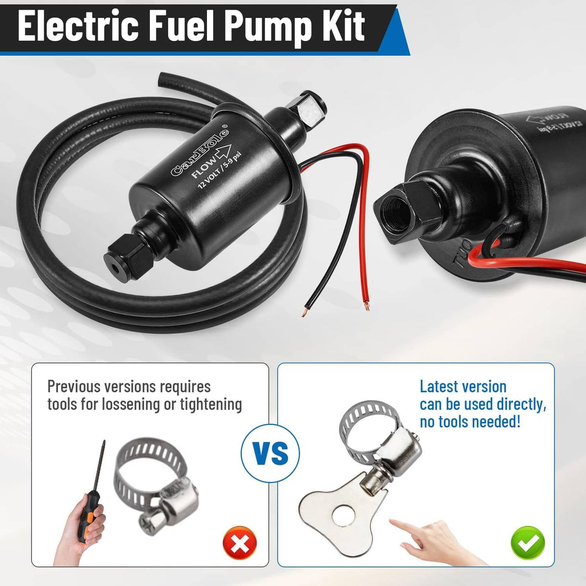 Electric fuel pump kit with inline pump, black hose, wiring leads, and mounting connectors