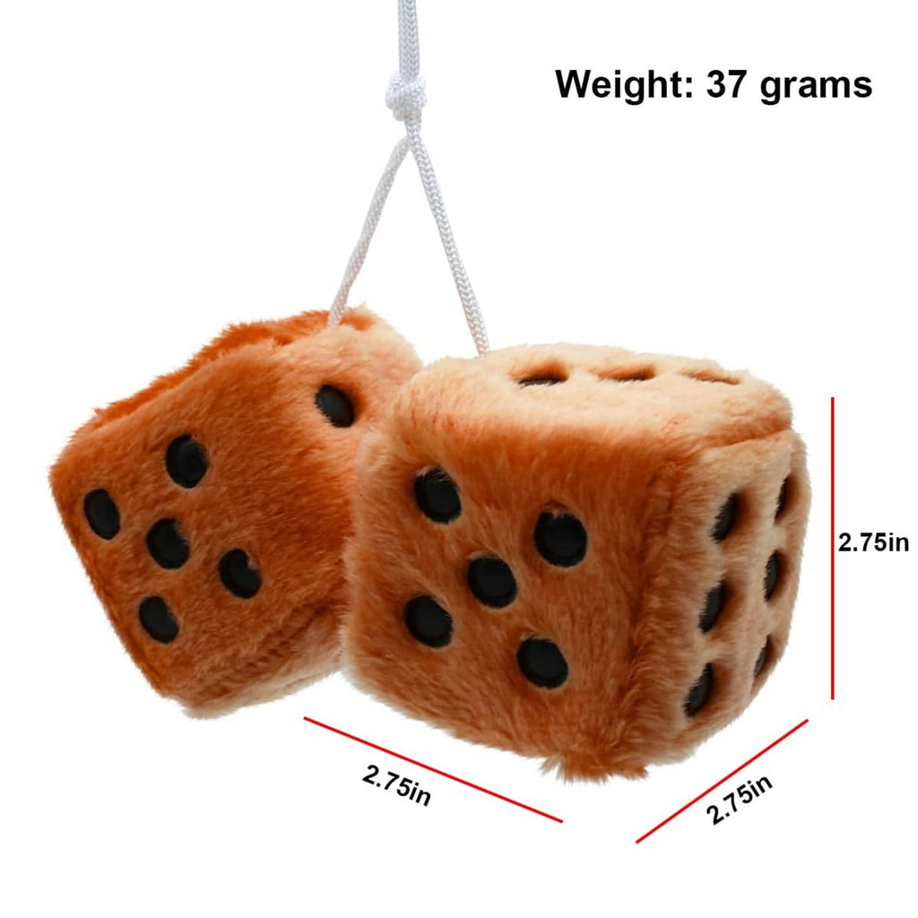 Two brown fuzzy cube dice plush with black dot faces, hanging cords