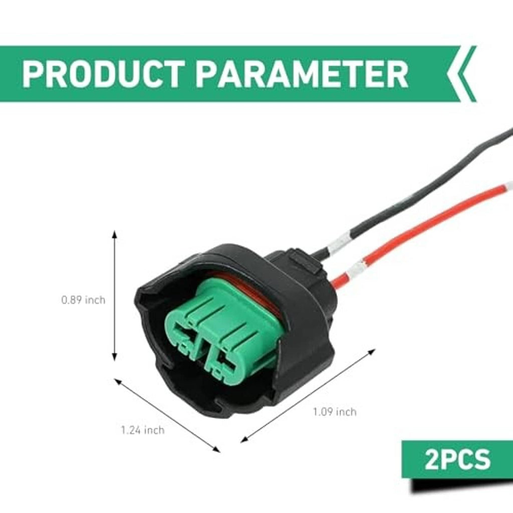 Female fog light connector socket, black housing with green terminal insert and red/black wires