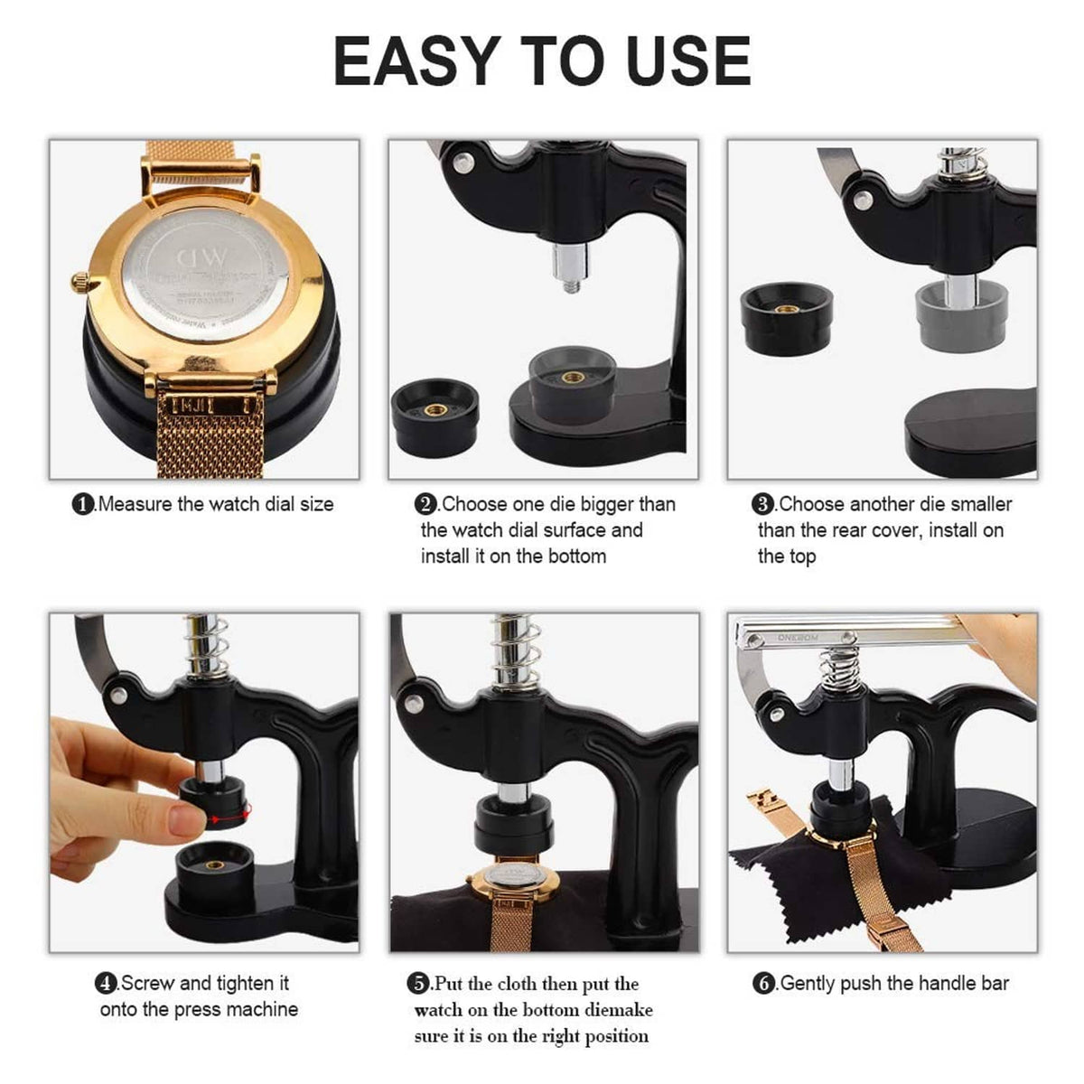 Watch press tool with interchangeable base dies and adjustable screw post