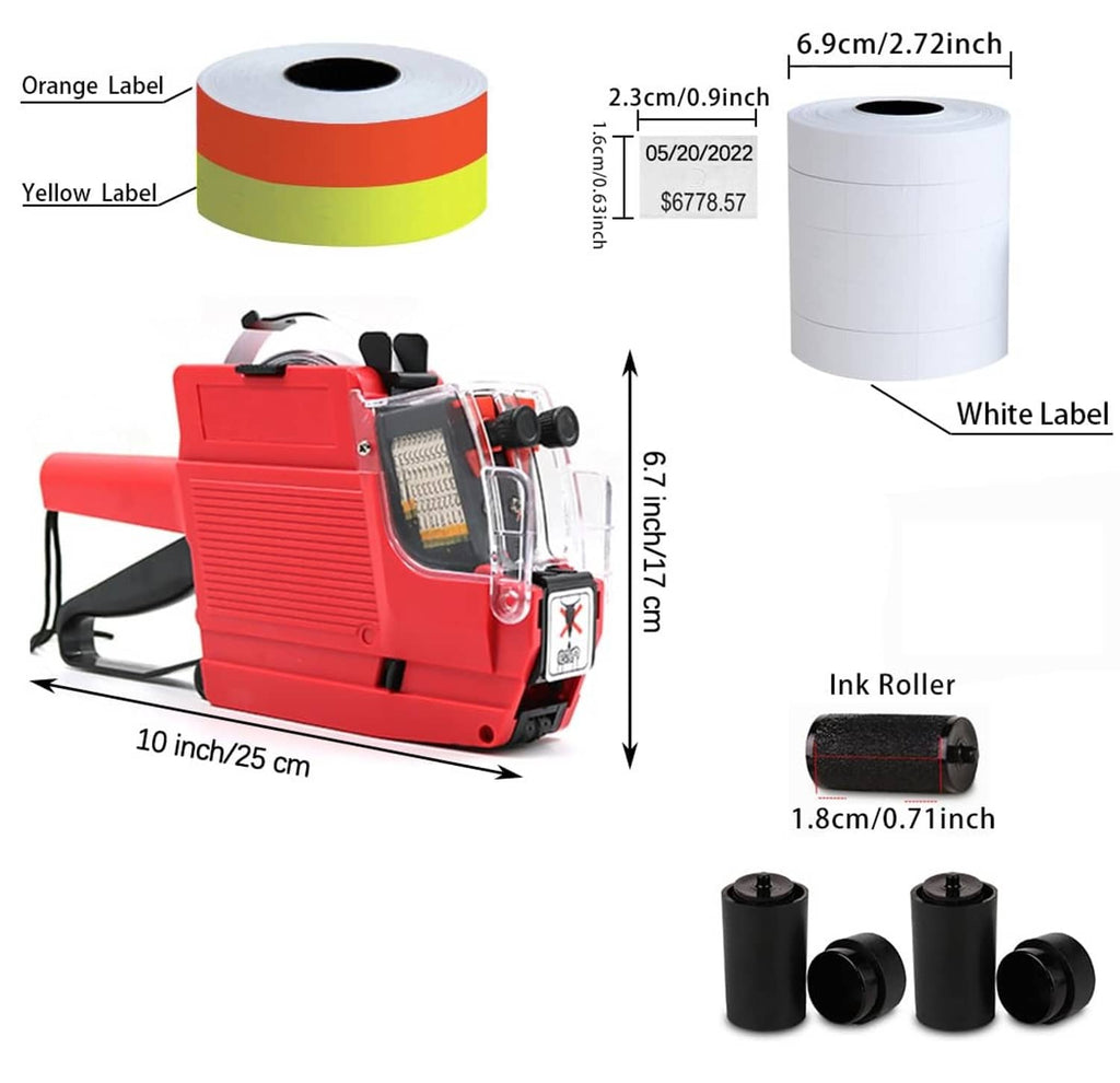 Red price label gun with white ink roller and label paper rolls, size callouts