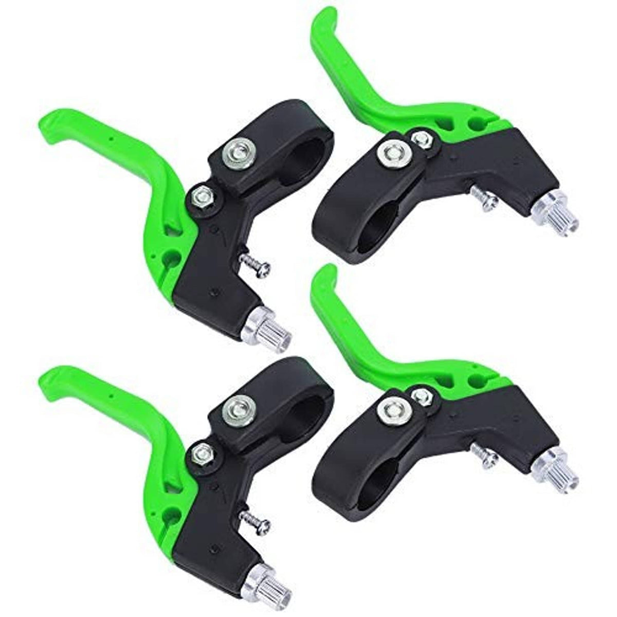Set of three adjustable bike brake levers with black clamp and neon green arms