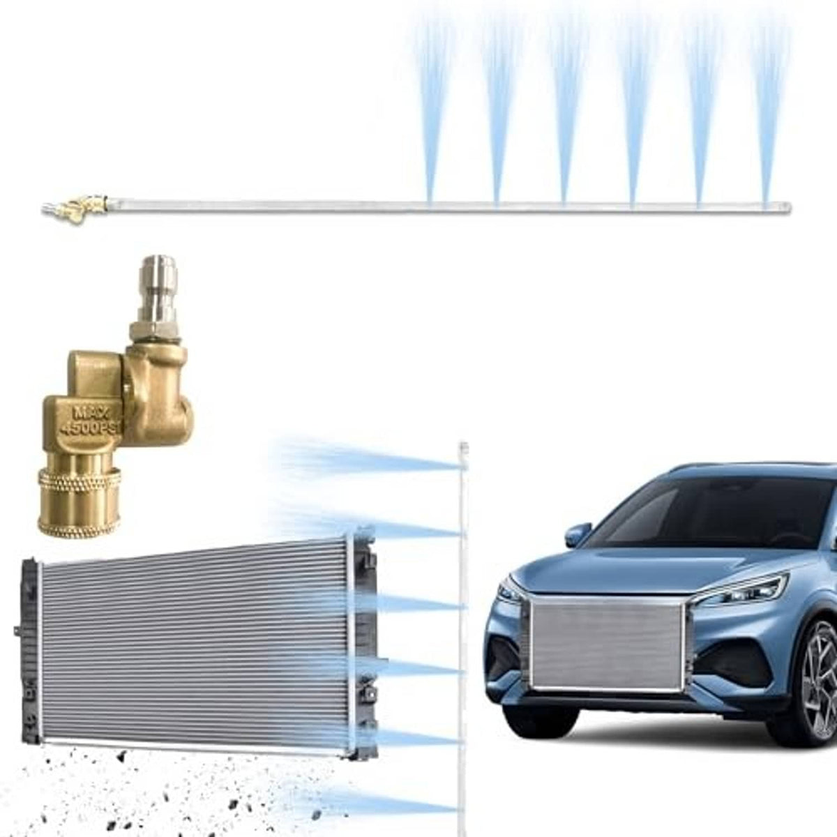 Radiator cleaning wand with white pole and brass connector spraying through radiator fins