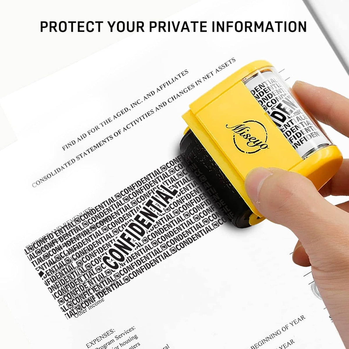 Hand holding yellow roller stamp over paper covered with CONFIDENTIAL text