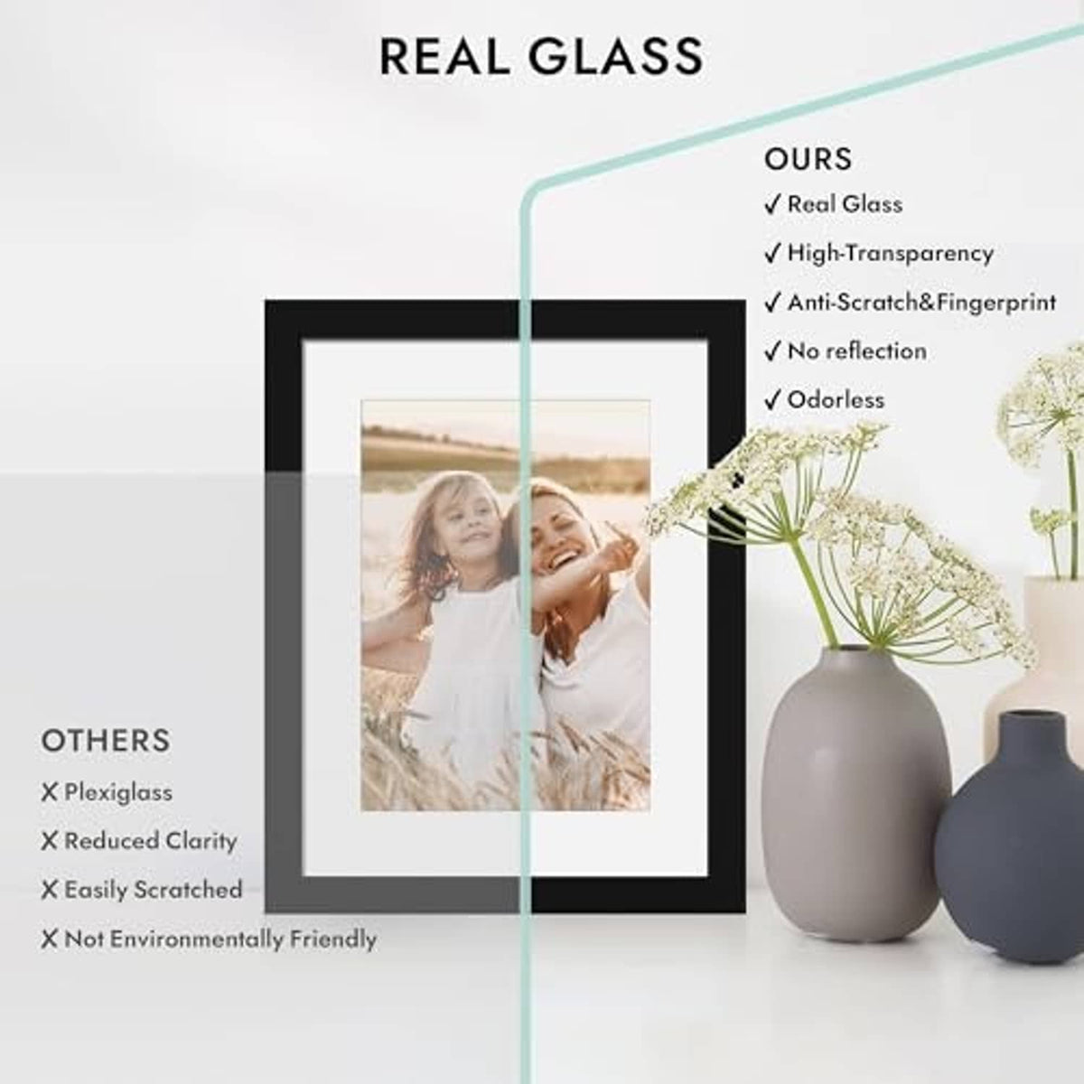 Black 8x10 frame with real glass cover and scratch-resistant illustration.