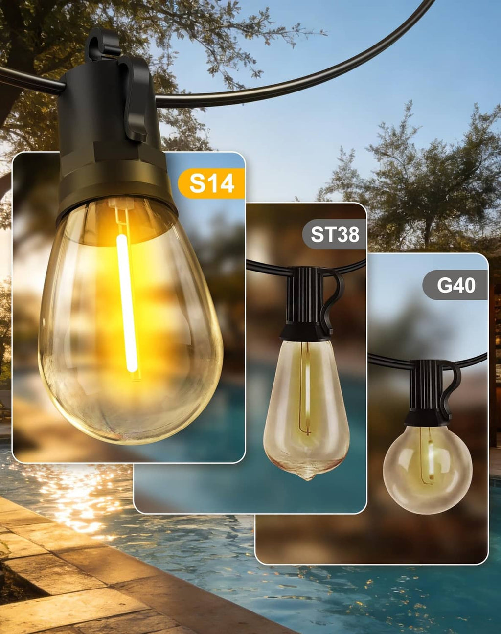 Solar bulb light assortment with black fixtures and warm amber glass bulbs