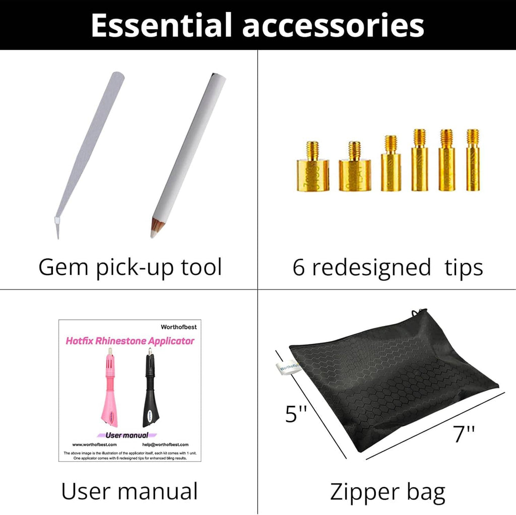 Rhinestone applicator accessories with gem pick-up tools, gold tips, manual, zipper bag