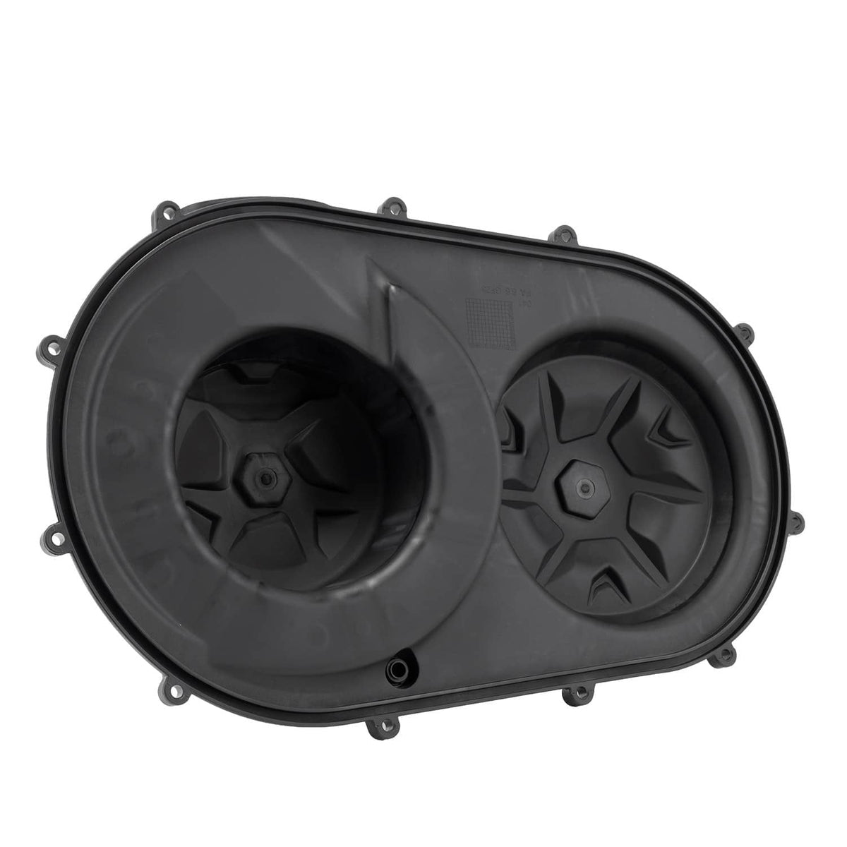 Black clutch cover with two circular fan covers, oval outer frame, and mounting points