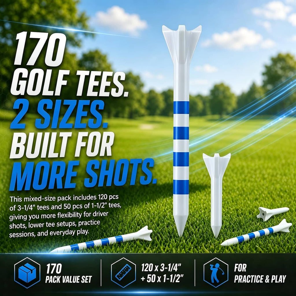 Mixed-size 4-prong golf tees, white with blue-striped shafts, 170 pack