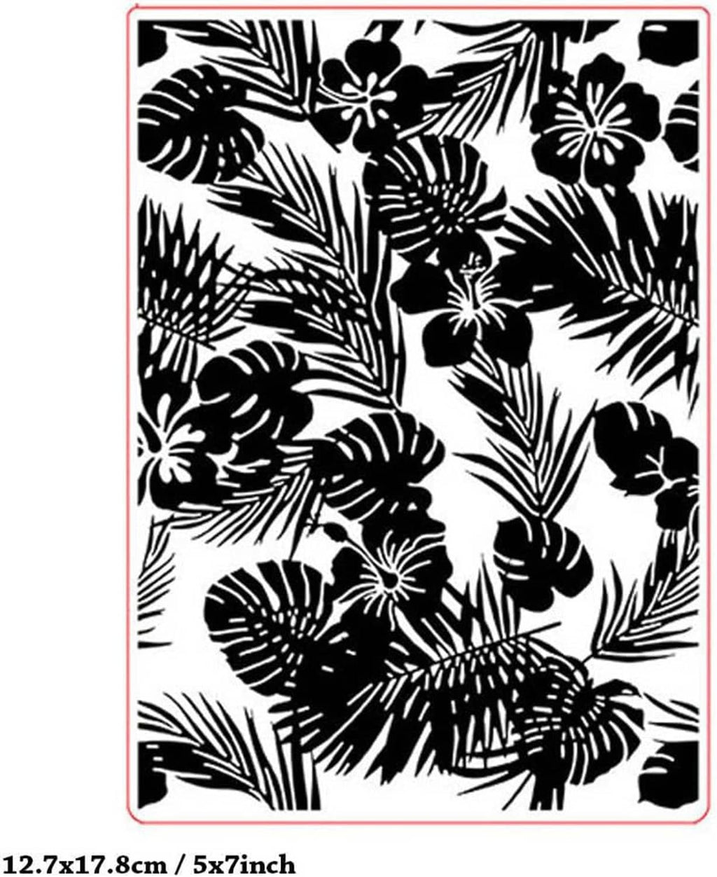 Black-and-white tropical hibiscus and leaf embossing folder with red border outline