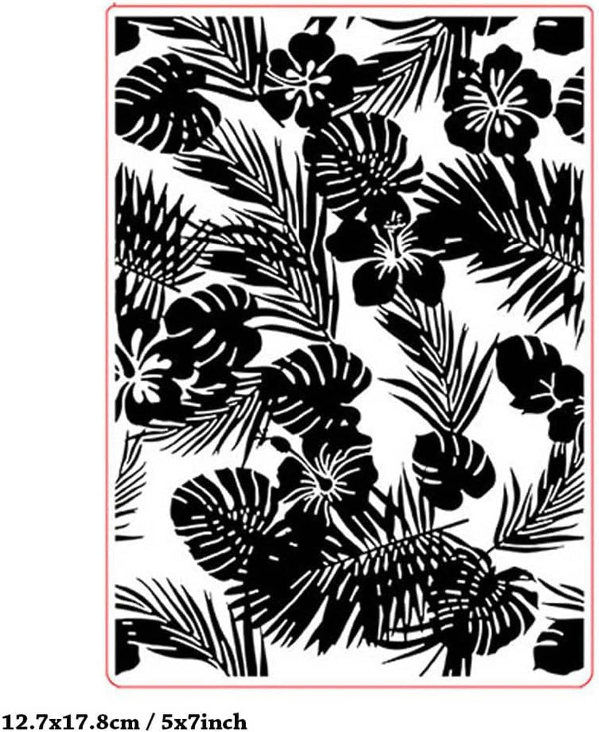 Black-and-white tropical hibiscus and leaf embossing folder with red border outline