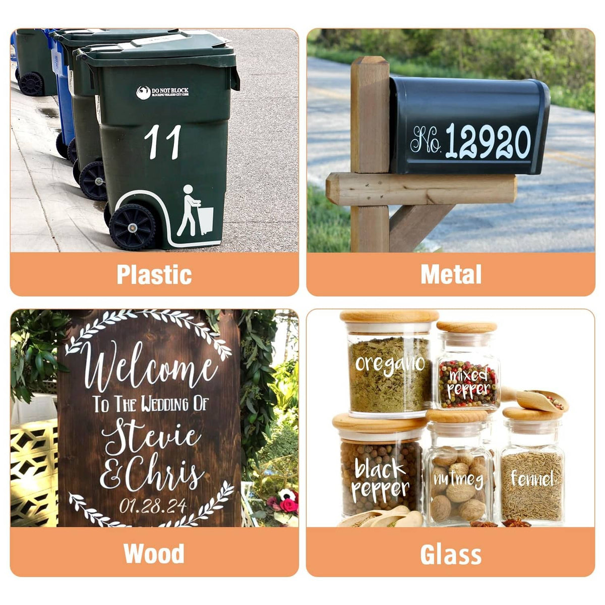 White paint marker samples shown for plastic, metal, wood, and glass surfaces