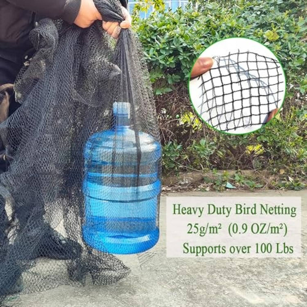Black bird netting draped over a bundle, with circular view of diamond mesh