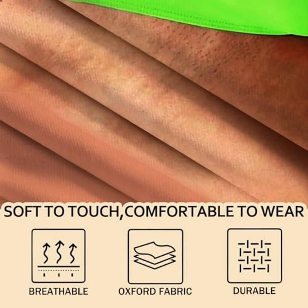 Novelty apron fabric close-up with brown panel and bright green trim edge