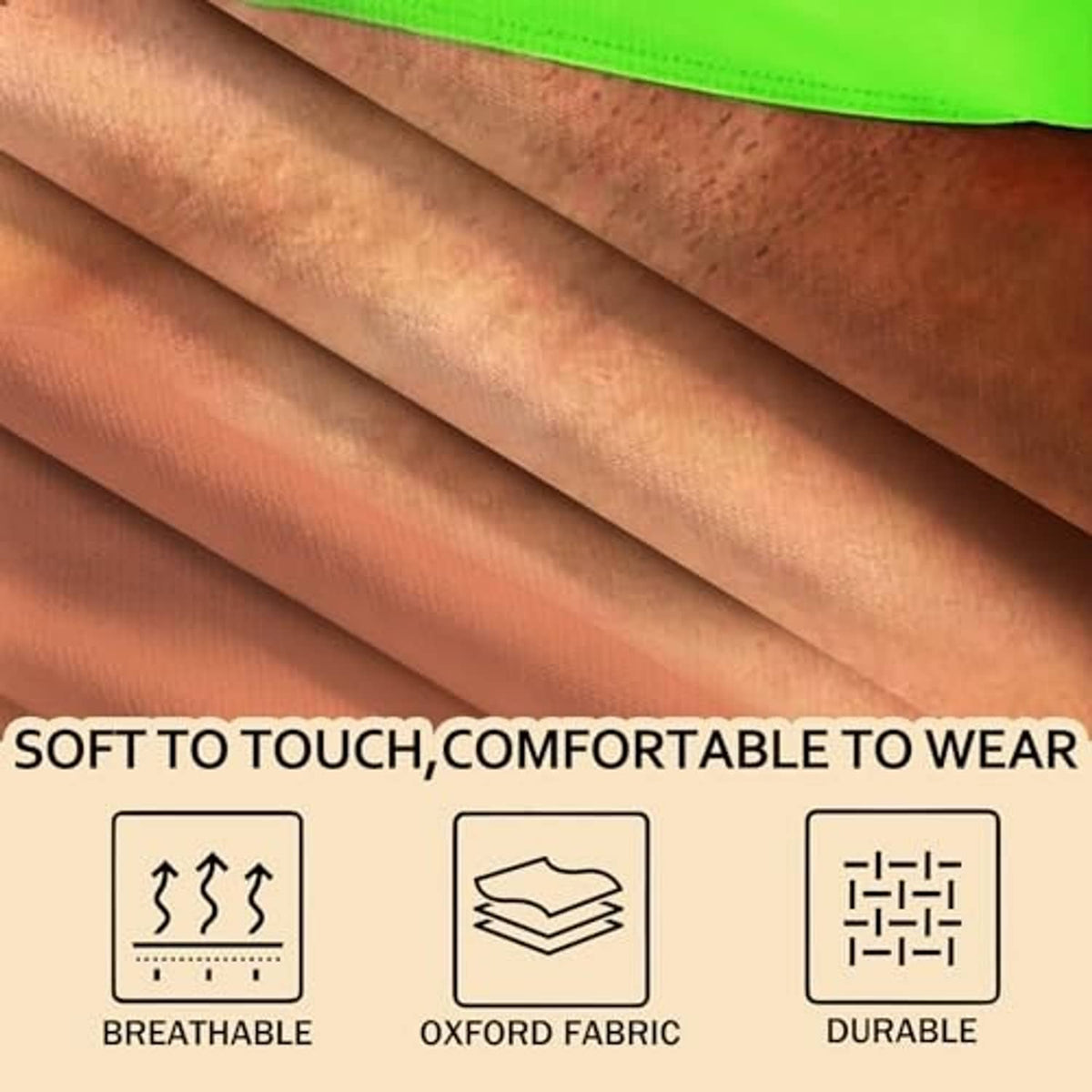 Novelty apron fabric close-up with brown panel and bright green trim edge