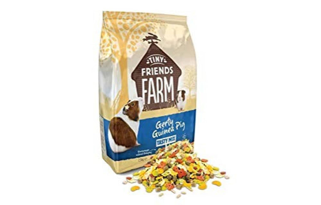 Supreme Petfoods Gerty guinea pig food pouch, with scattered kibble in foreground