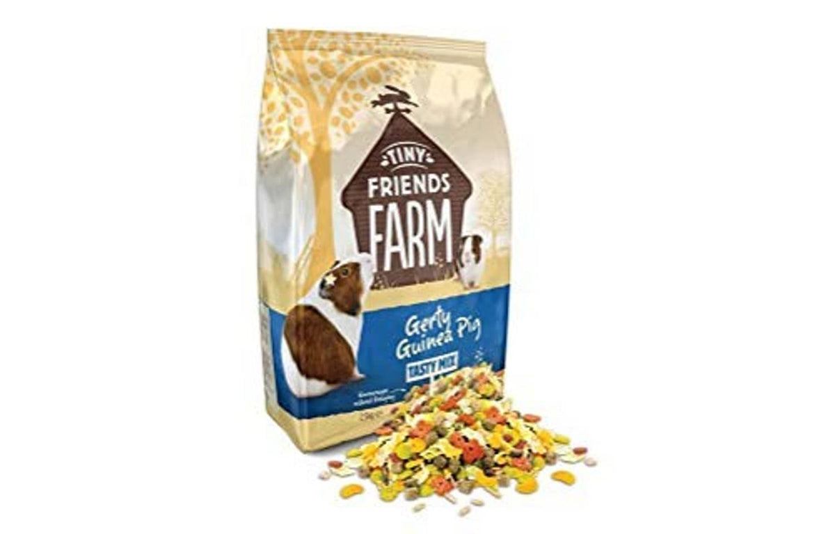 Supreme Petfoods Gerty guinea pig food pouch, with scattered kibble in foreground